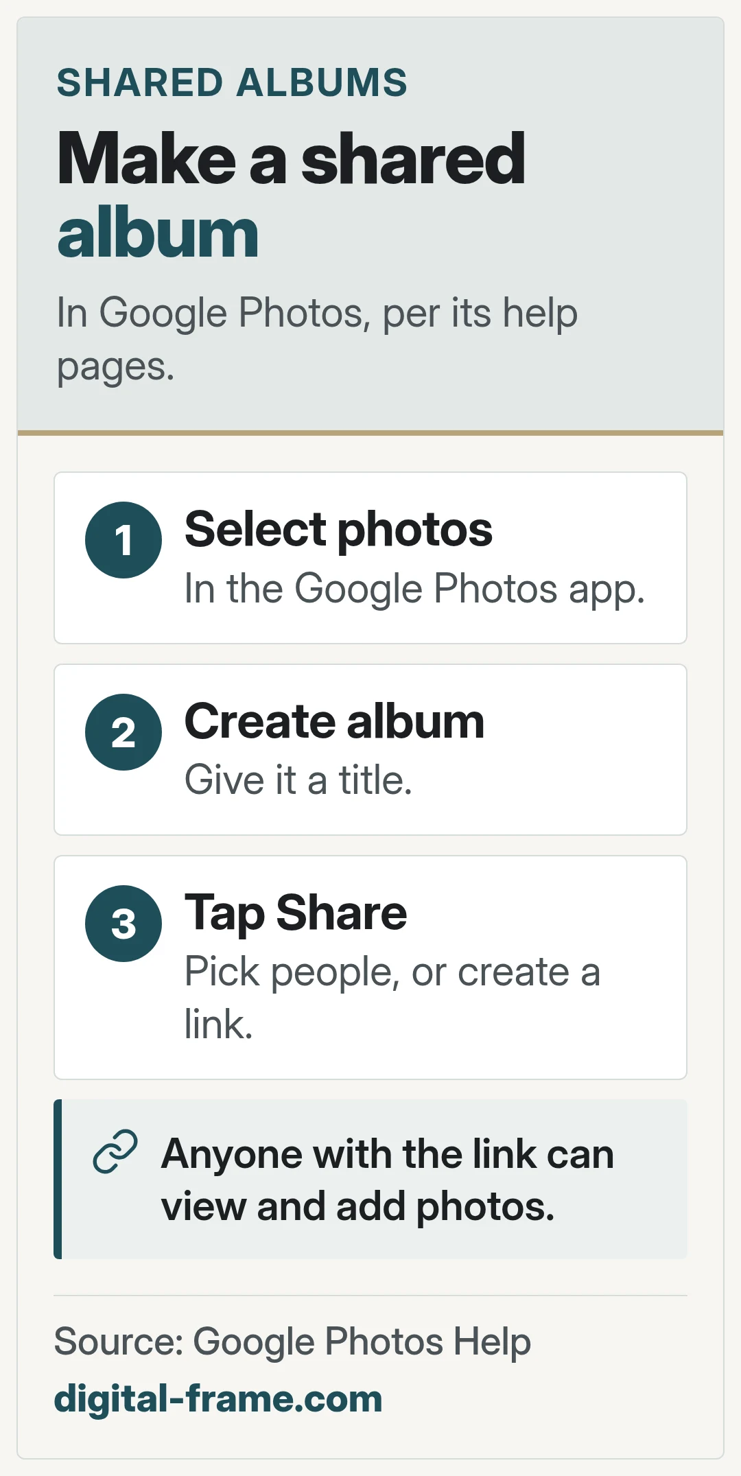 Make a shared album. In Google Photos, per its help pages.