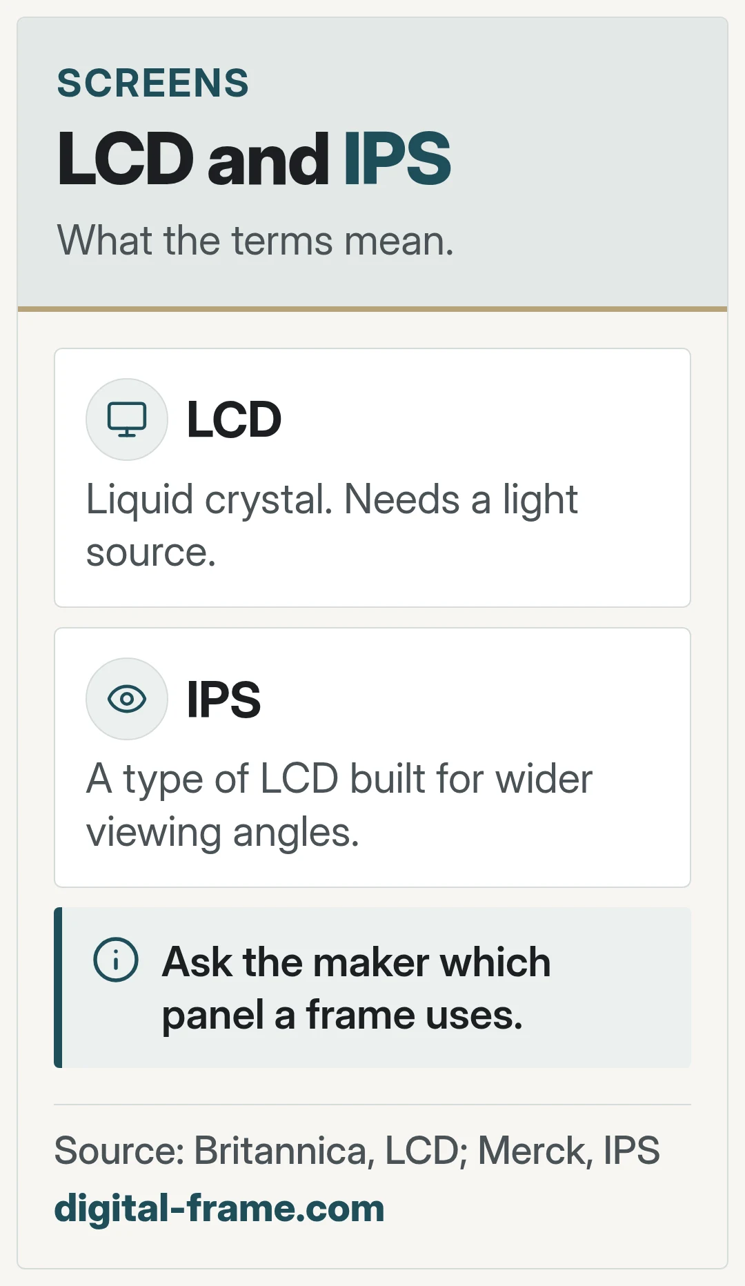 LCD and IPS. What the terms mean. LCD: Liquid crystal. Needs a light source.