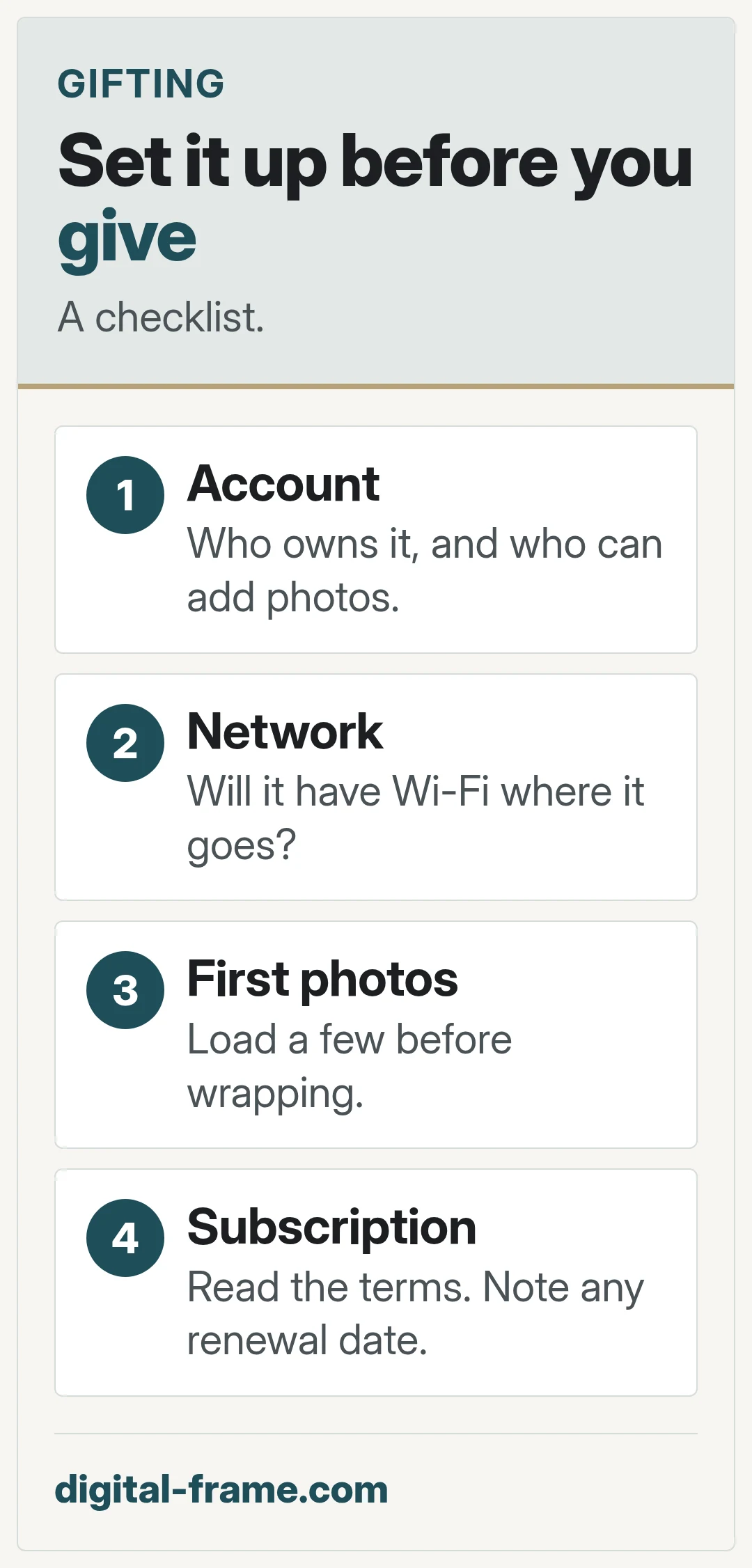 Set it up before you give. A checklist.