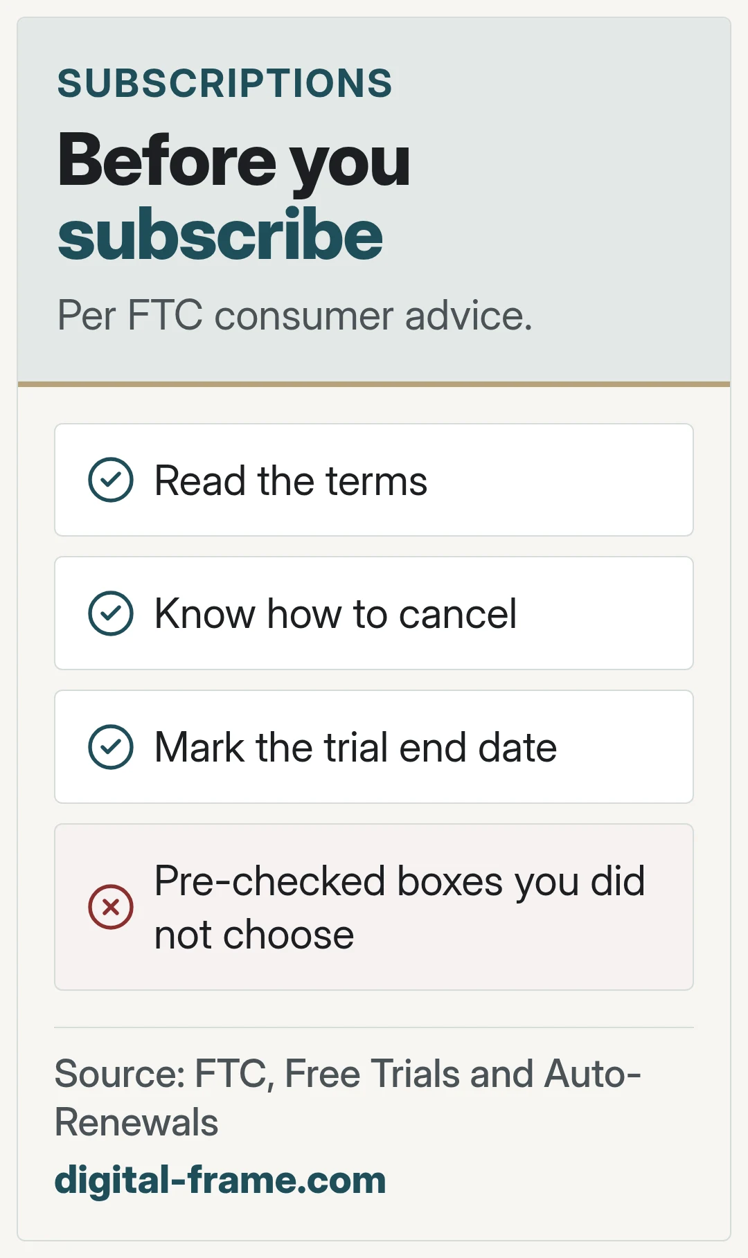 Before you subscribe. Per FTC consumer advice.