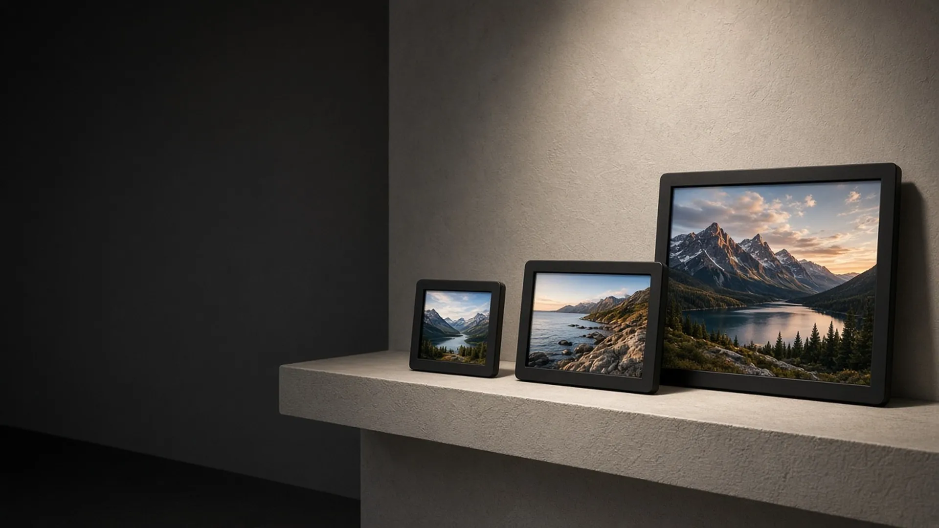 Three digital frames of different sizes on a ledge