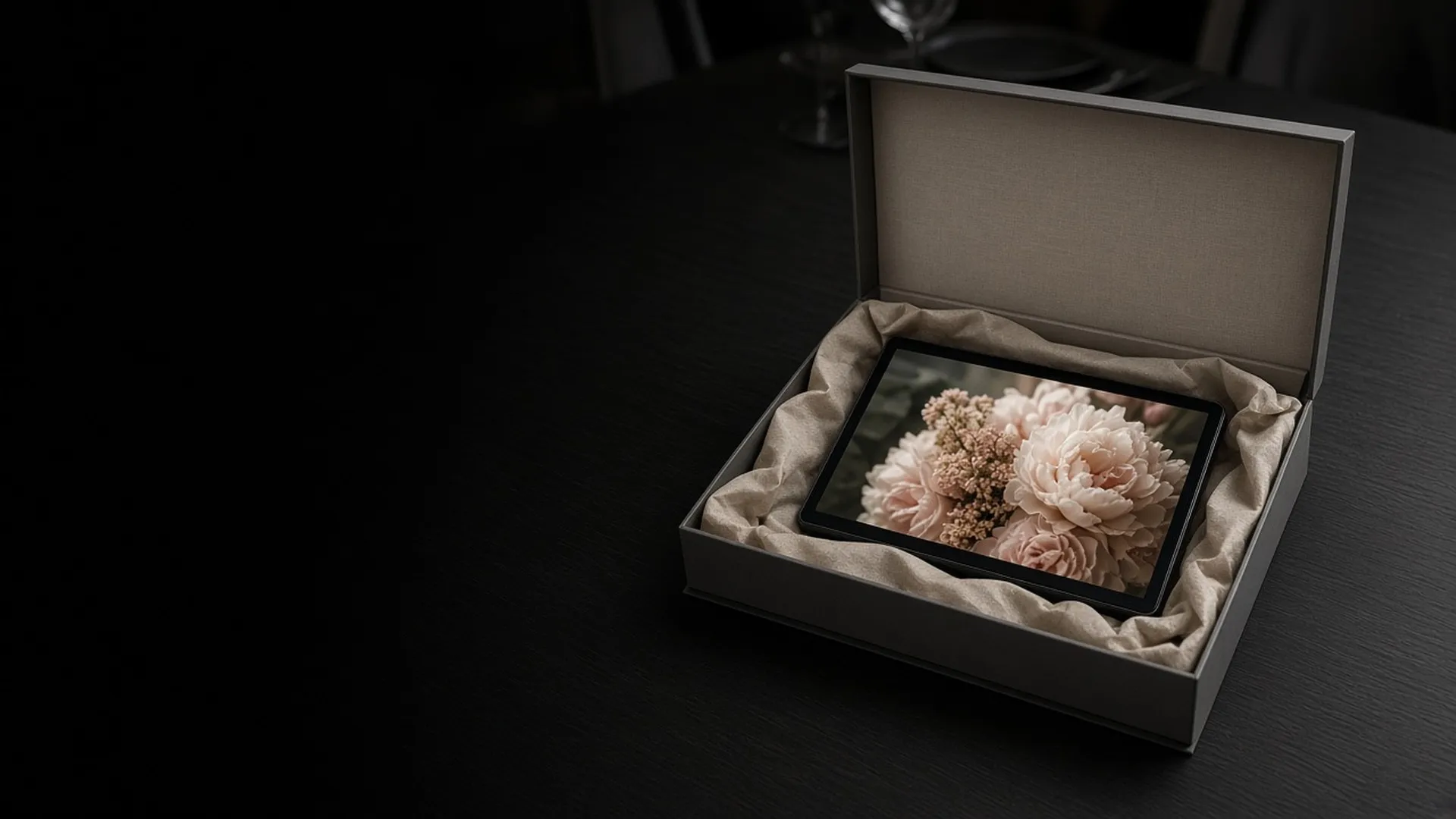Digital frame in a gift box on a dining table