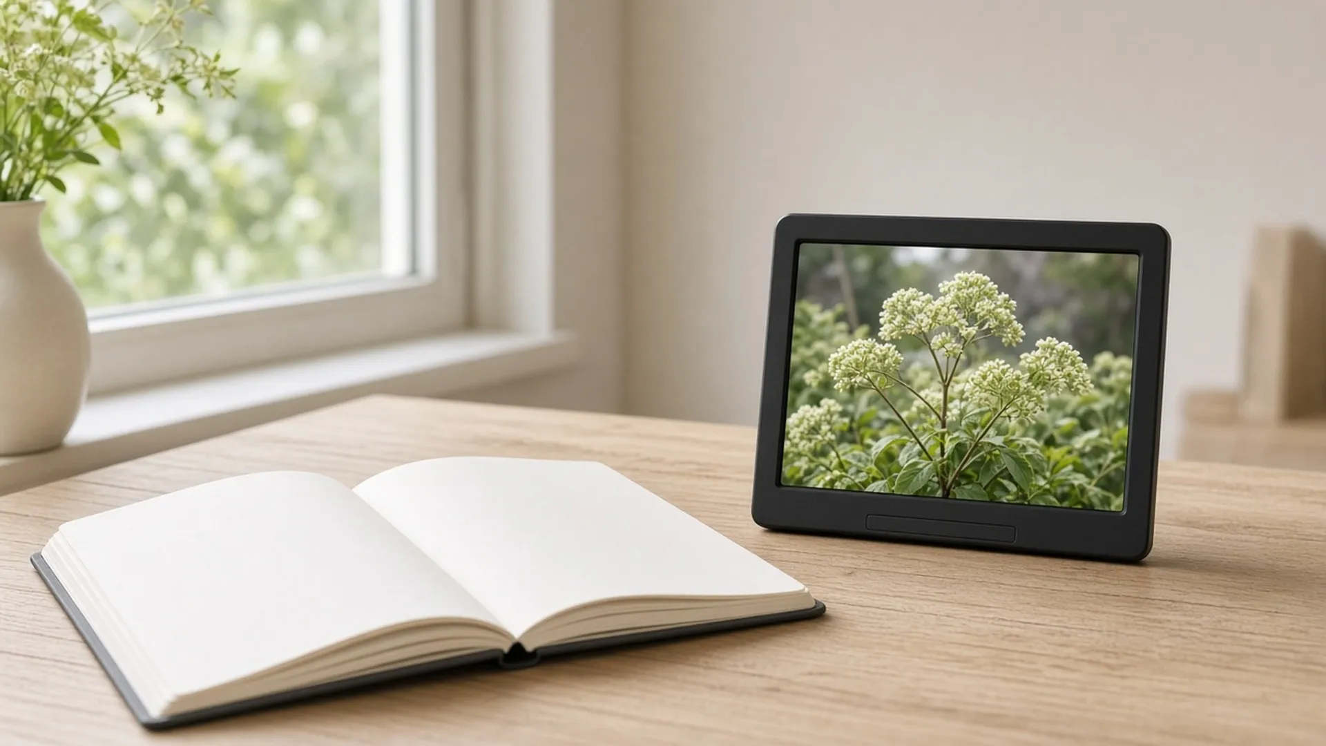 Notebook and a digital frame on an oak desk