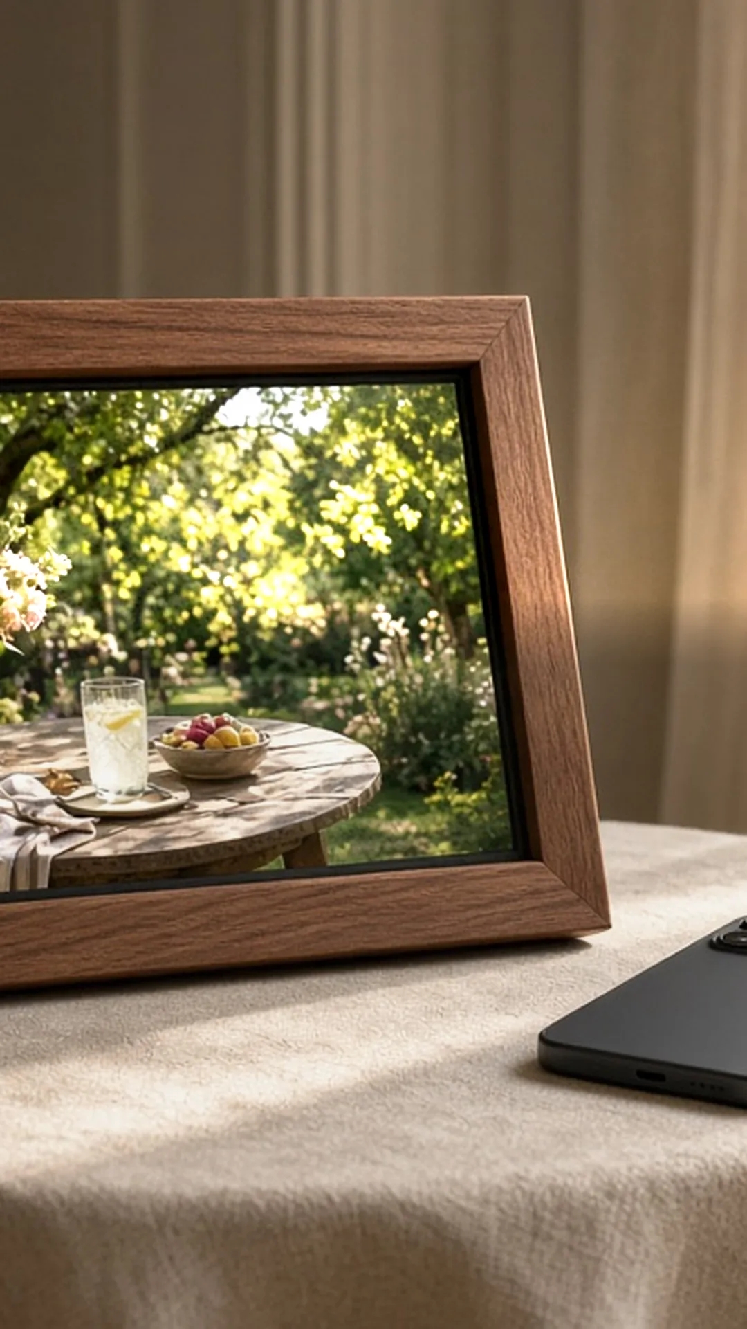 Digital frame with a garden photo beside a face-down phone