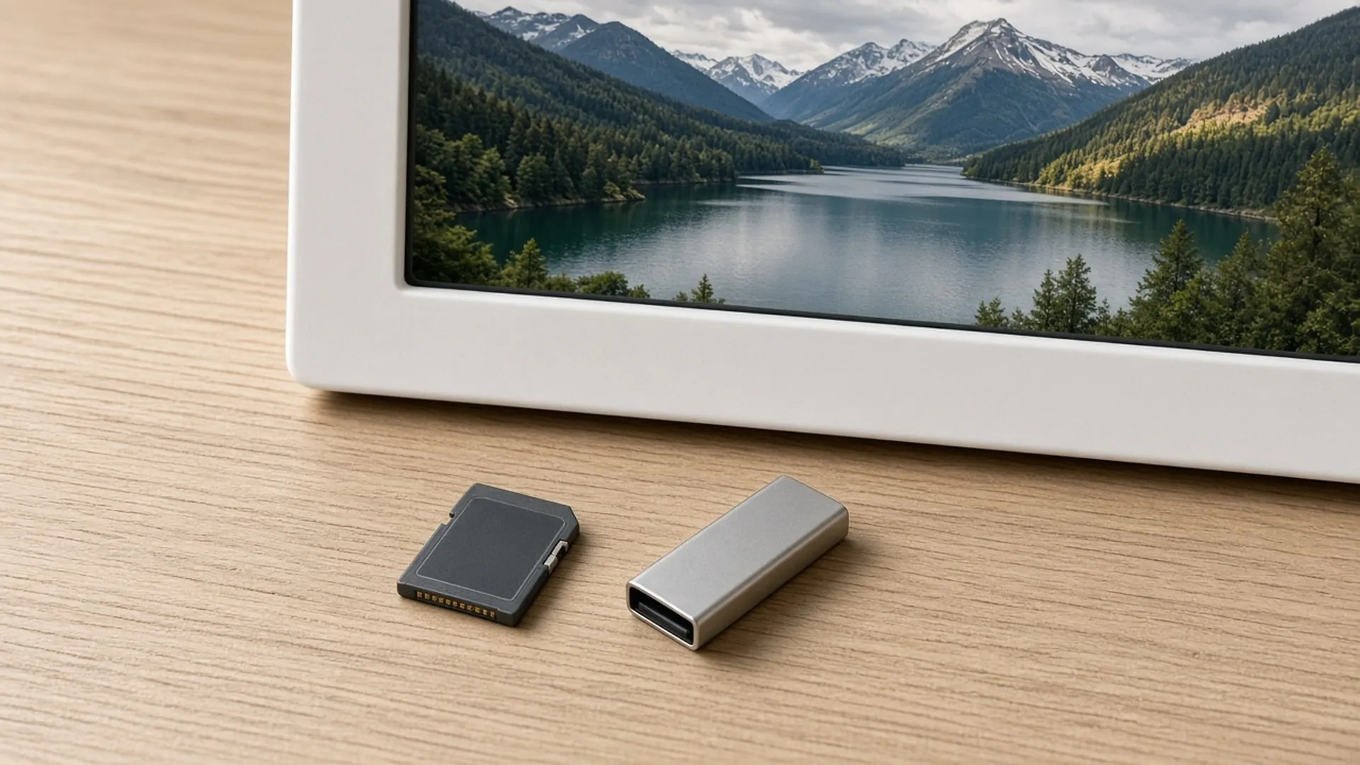 Memory card and USB stick beside a digital frame