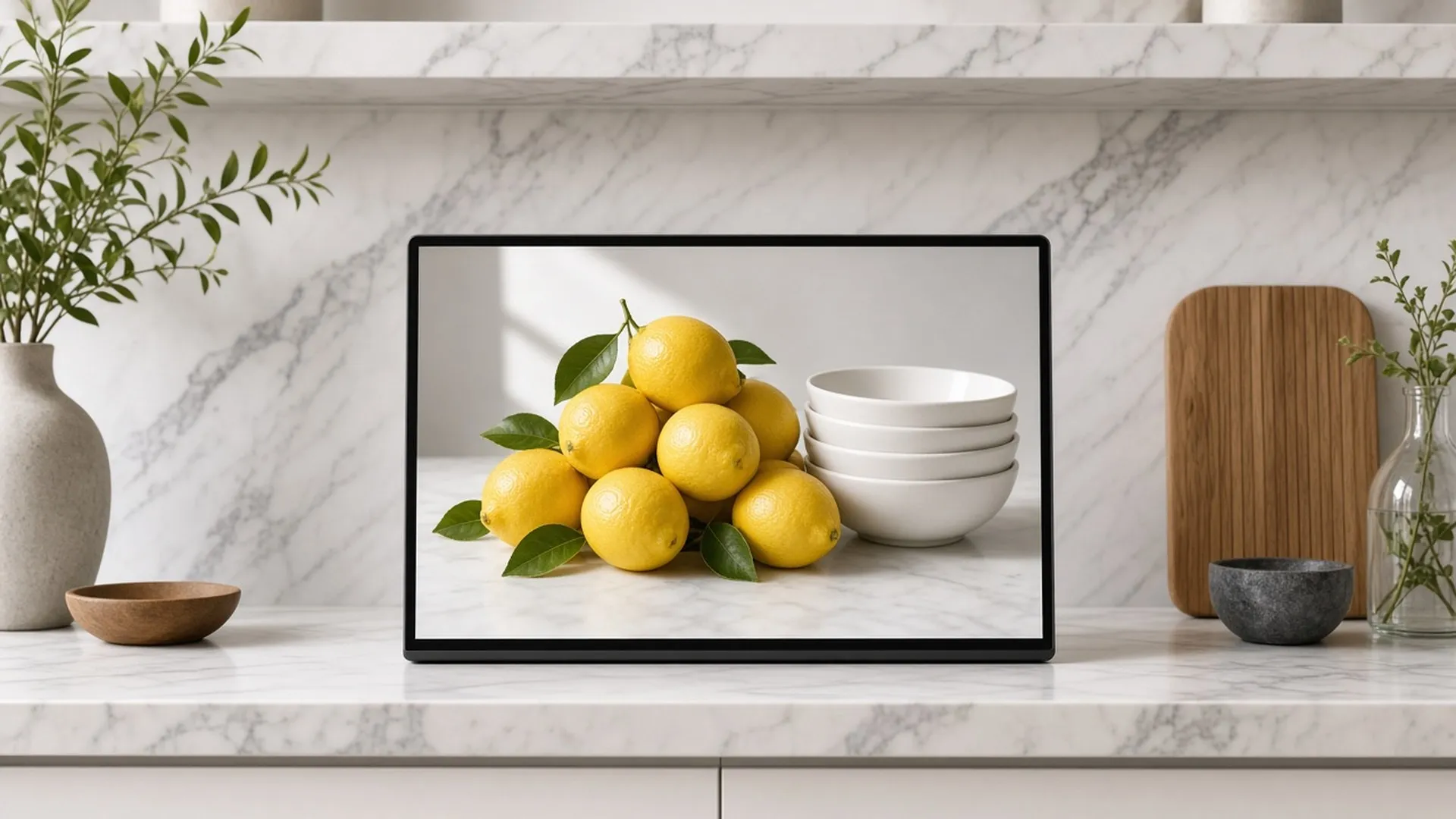 Digital frame showing a lemon still life on a marble shelf