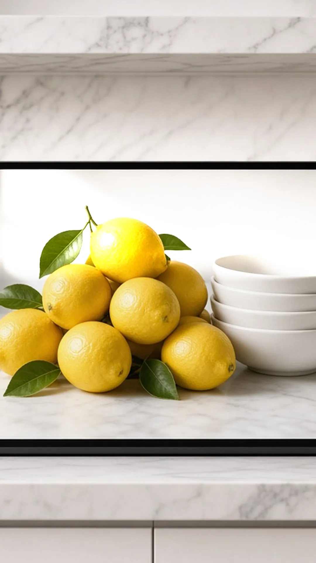 Digital frame showing a lemon still life on a marble shelf