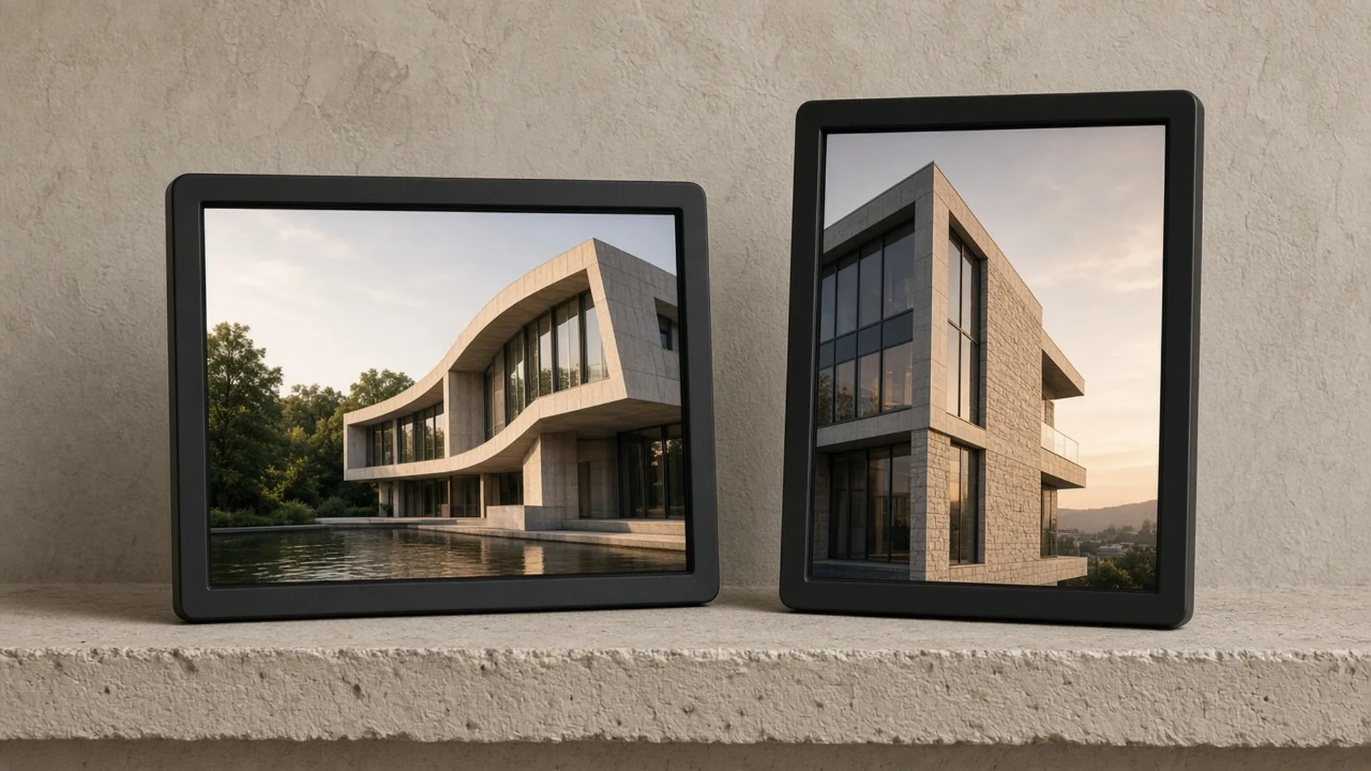 Landscape and portrait digital frames on a picture ledge
