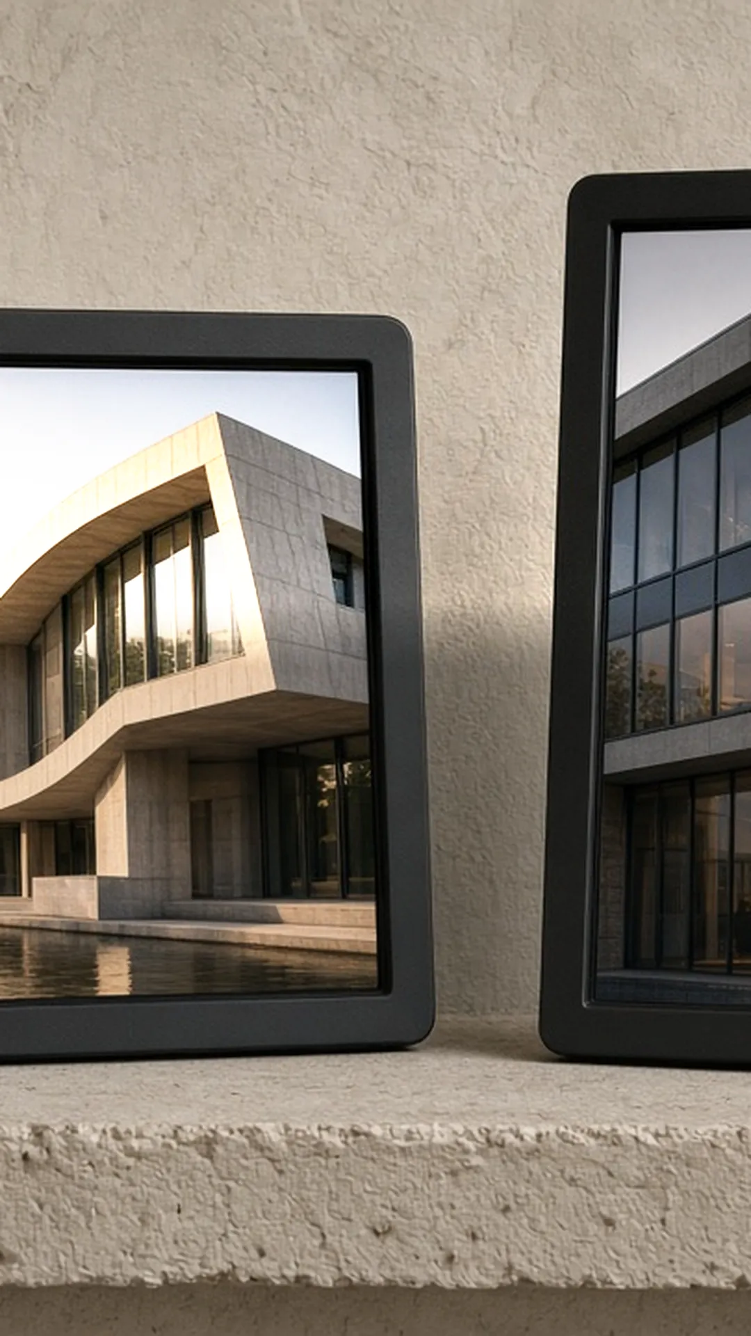 Landscape and portrait digital frames on a picture ledge
