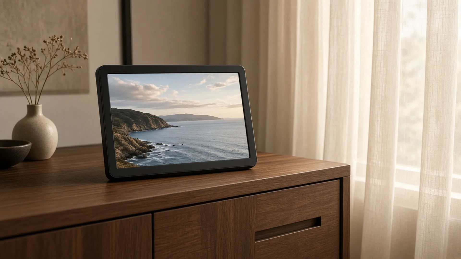 Digital frame seen from the side on a walnut sideboard