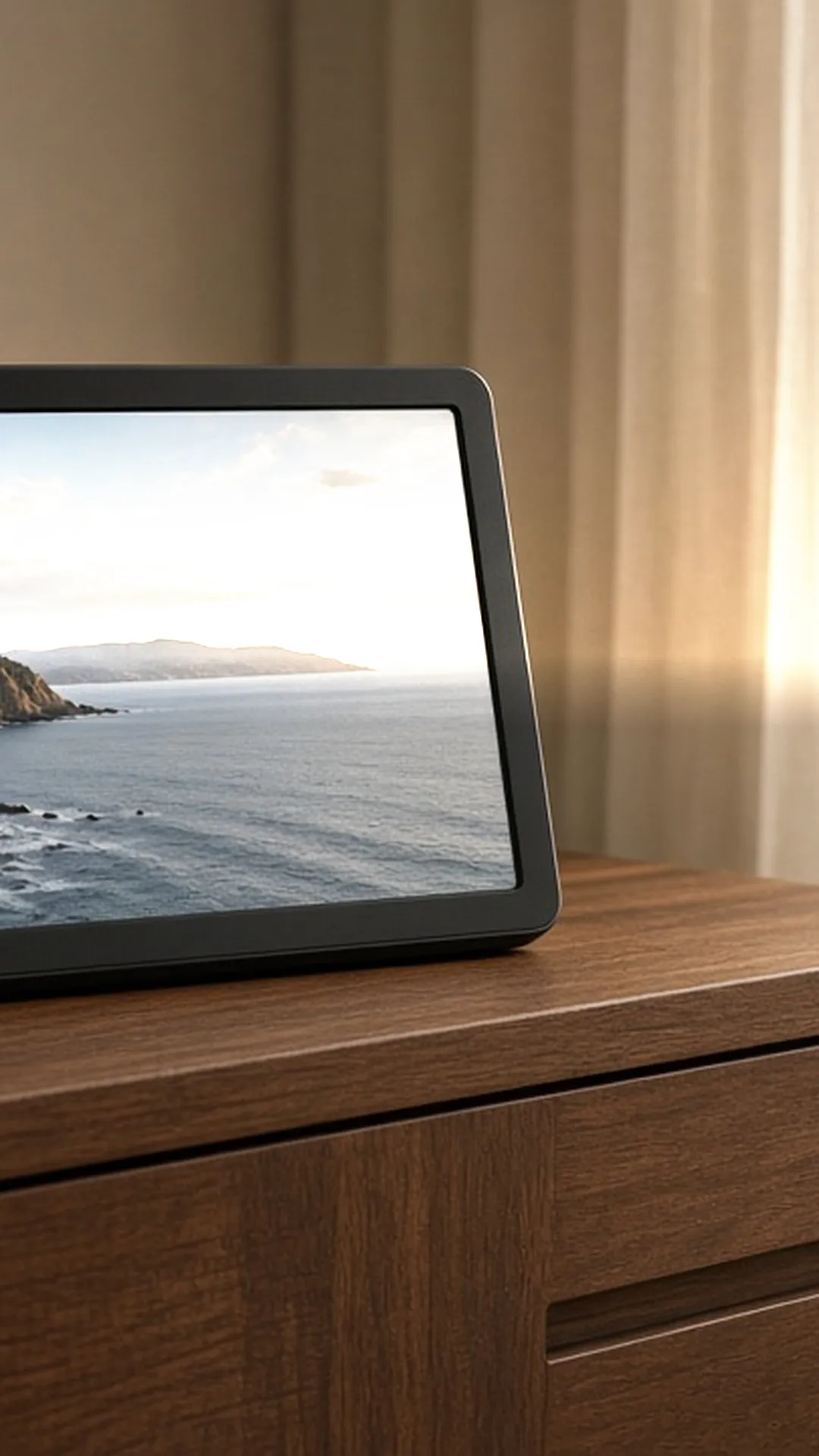Digital frame seen from the side on a walnut sideboard