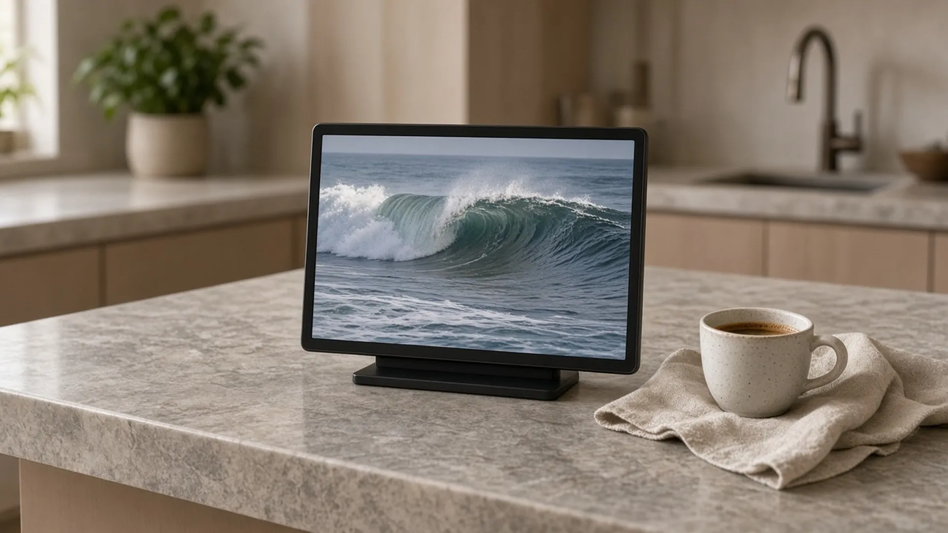 Digital frame showing a wave photo on a stone island