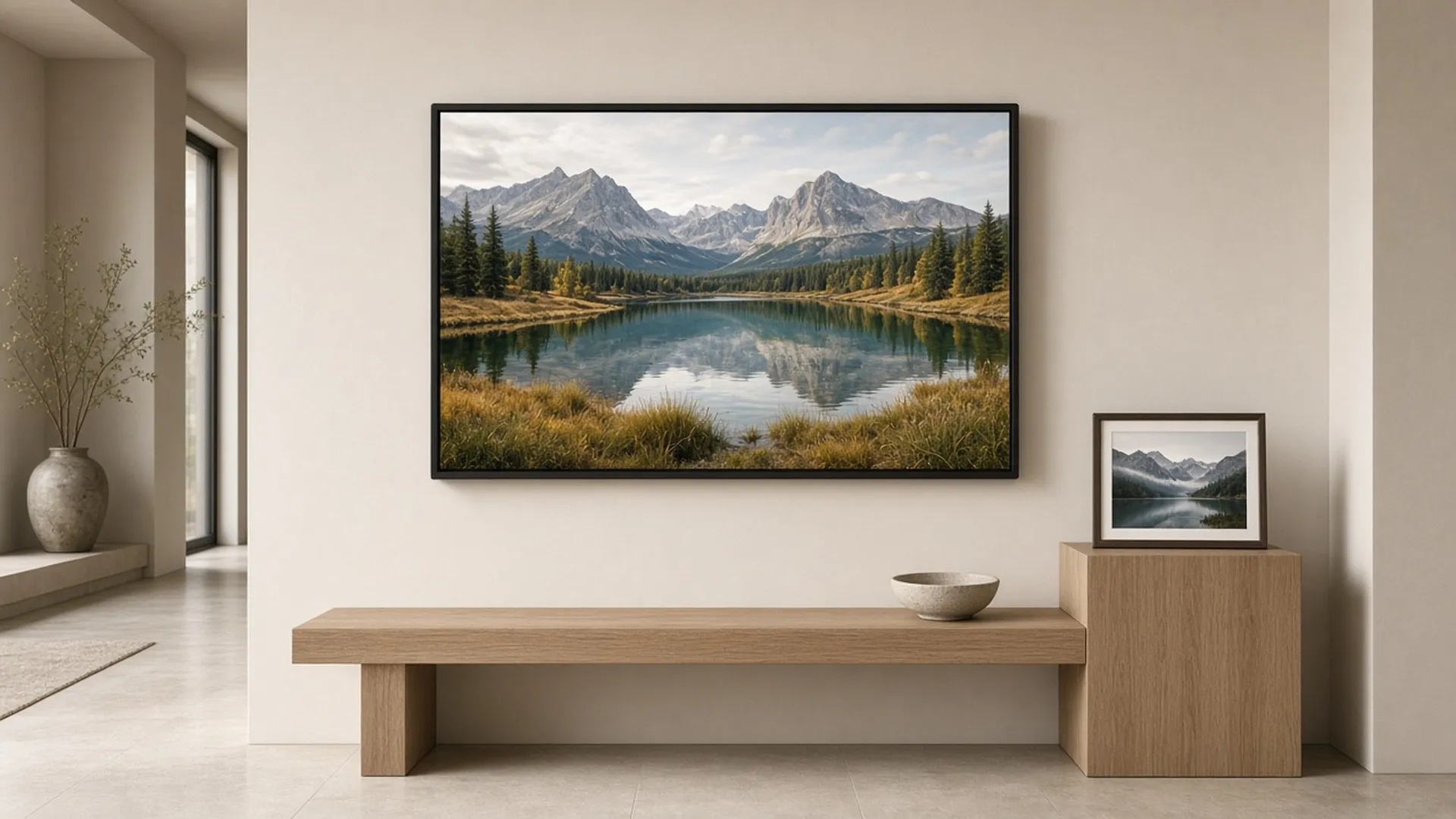 Wall-mounted and tabletop digital frames in a hallway