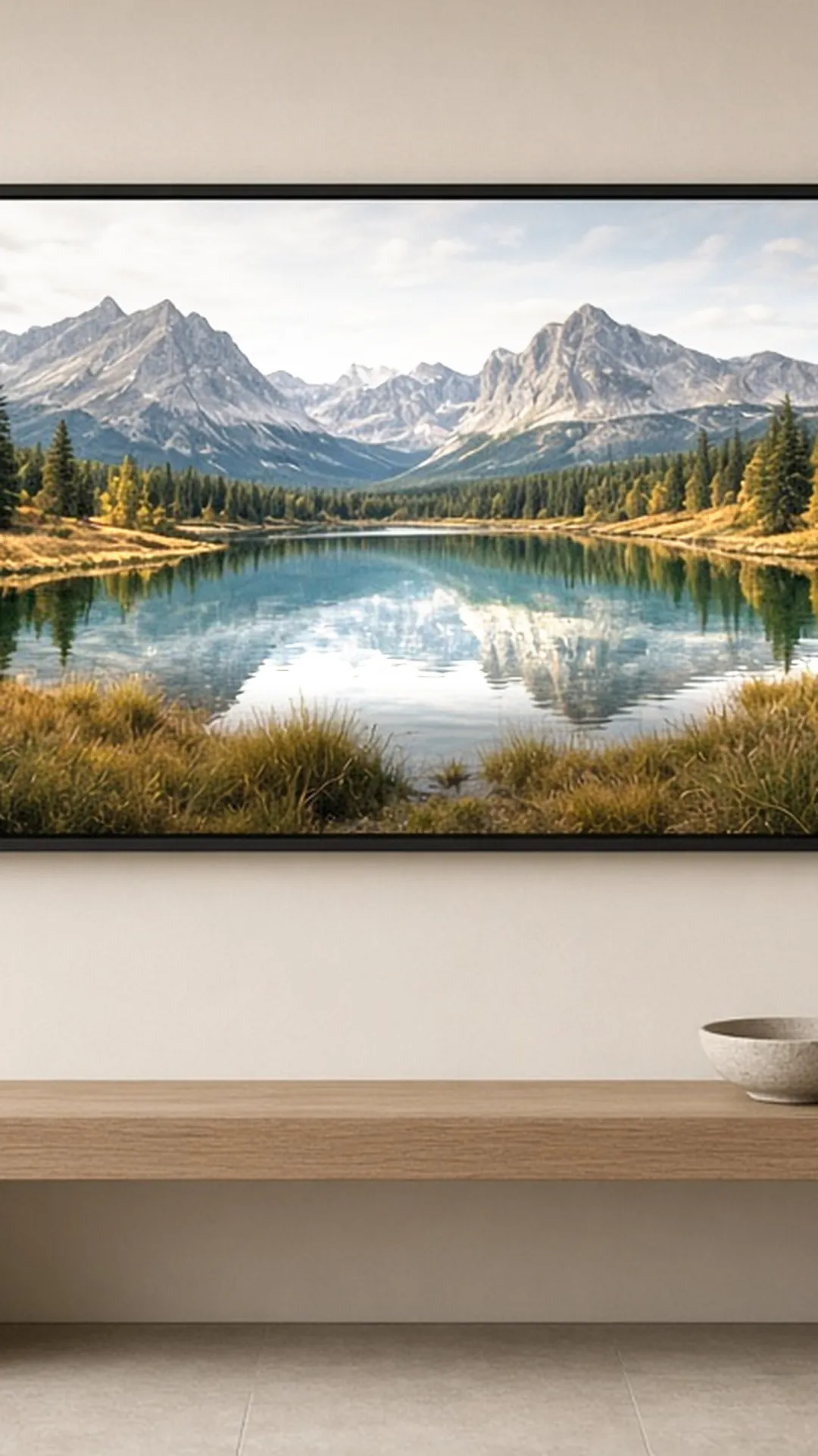 Wall-mounted and tabletop digital frames in a hallway