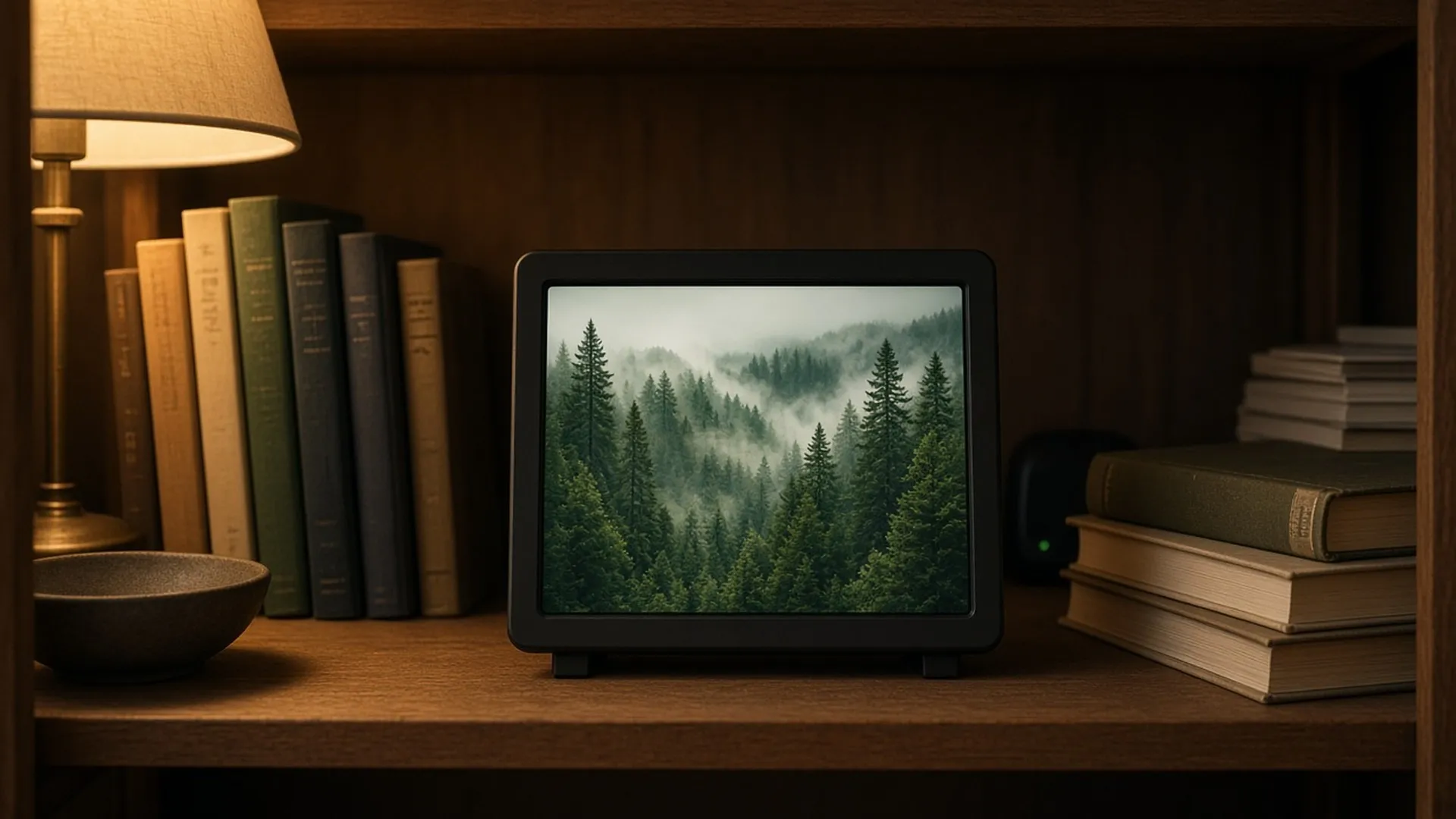 Digital frame on a bookshelf showing a forest photo