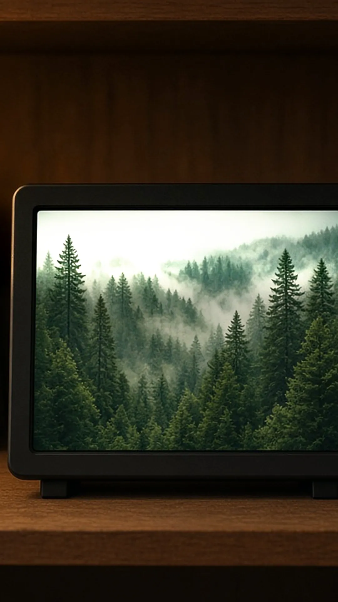 Digital frame on a bookshelf showing a forest photo