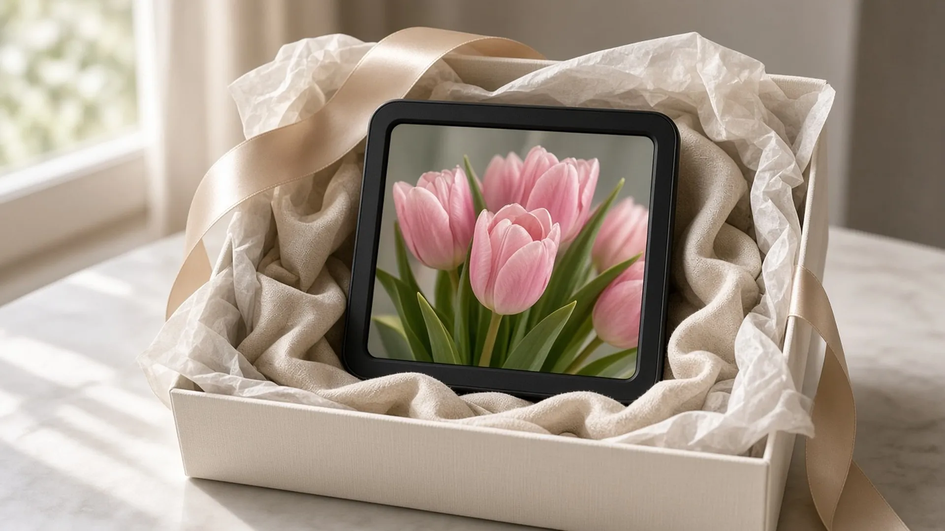 Digital frame in an open gift box