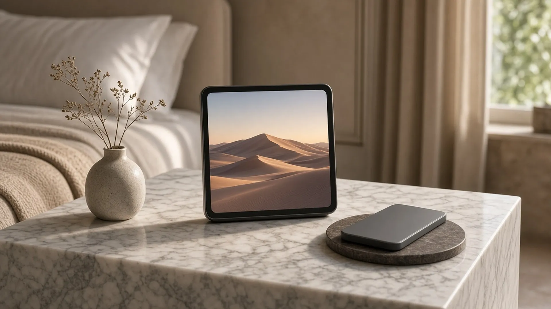Digital frame and a face-down phone on a bedside table