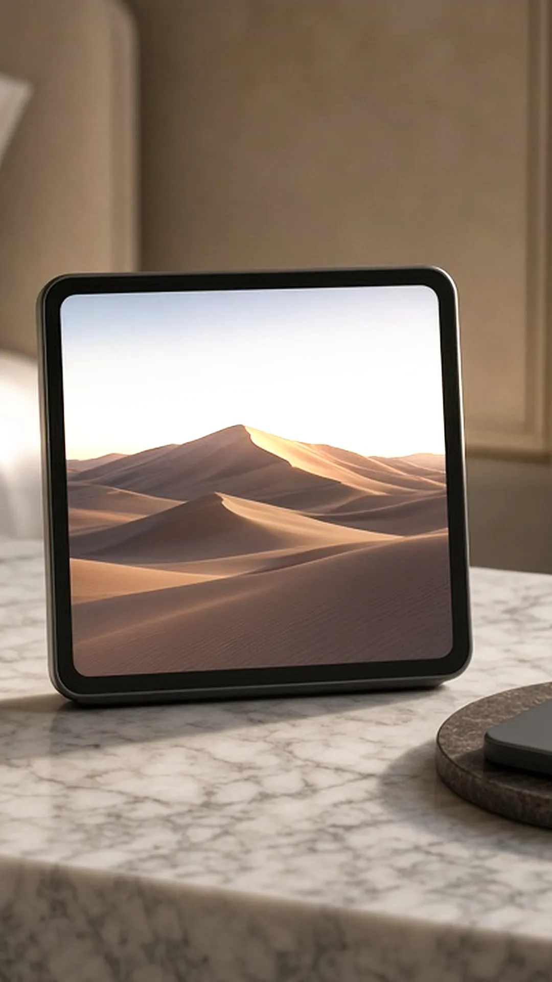 Digital frame and a face-down phone on a bedside table