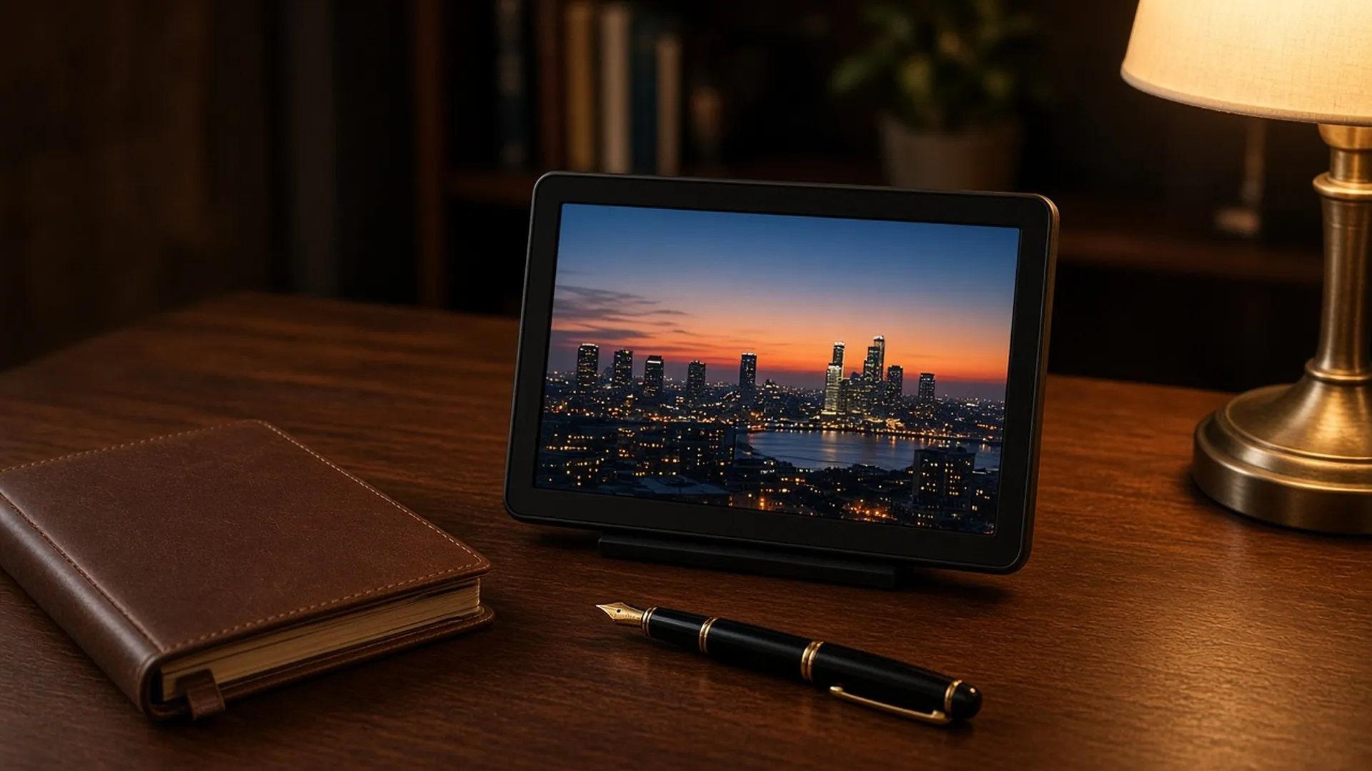 Digital frame on a desk beside a notebook and pen