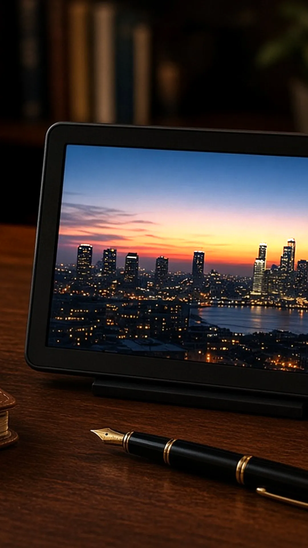 Digital frame on a desk beside a notebook and pen