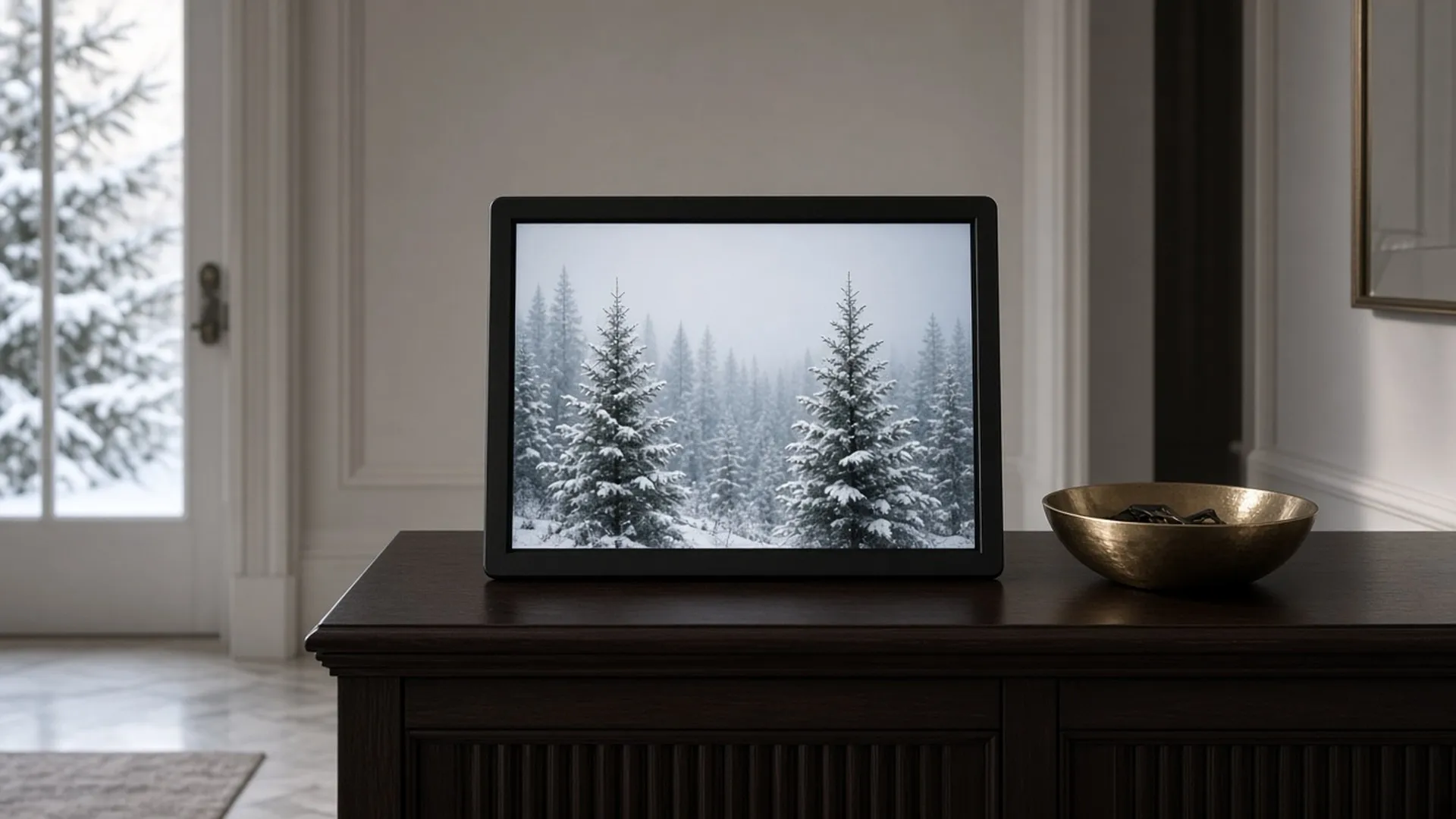 Digital frame beside a brass key bowl in an entryway