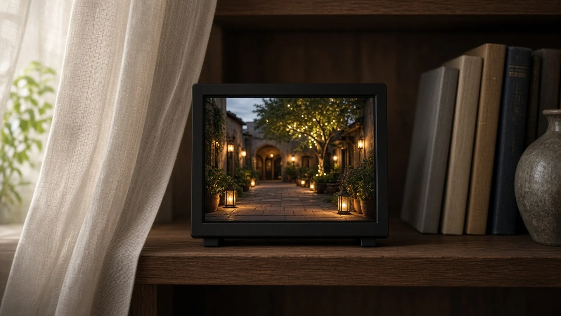 Digital frame behind a sheer curtain on a shelf