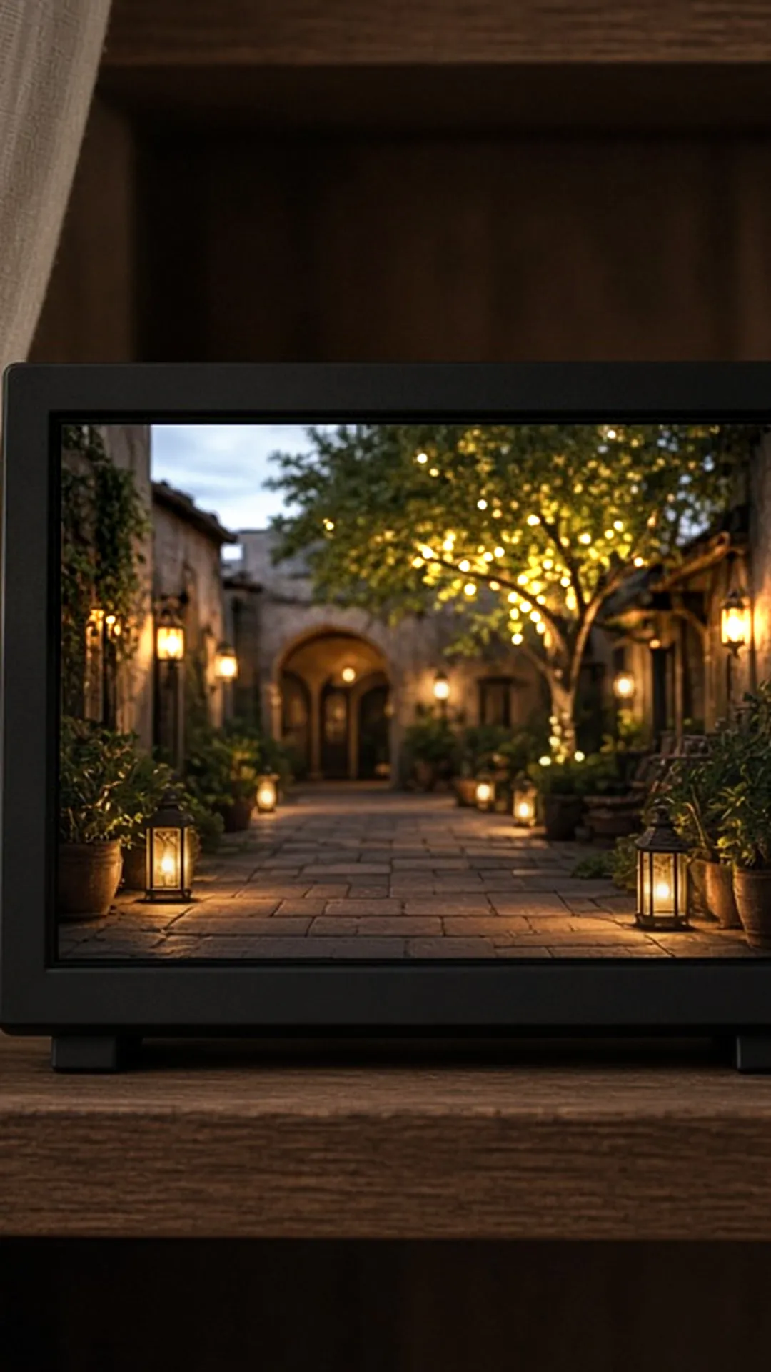 Digital frame behind a sheer curtain on a shelf
