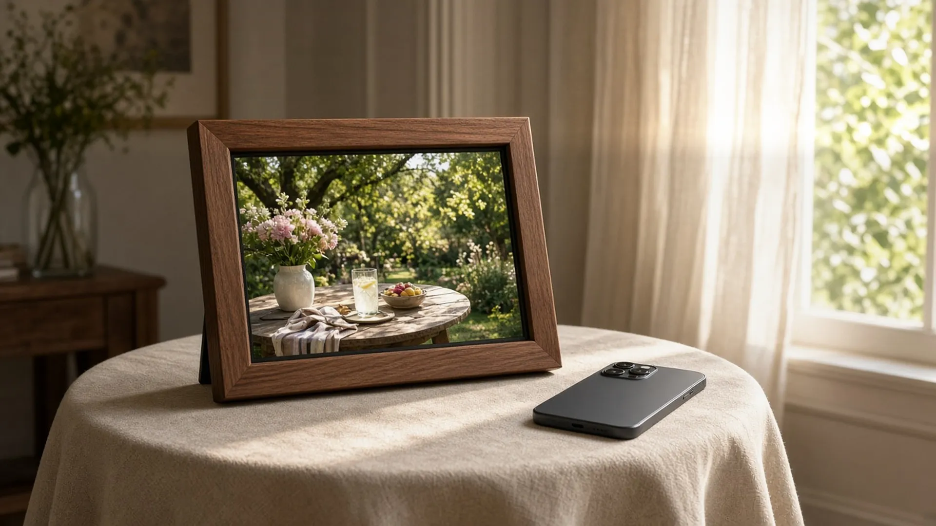 Digital frame with a garden photo beside a face-down phone