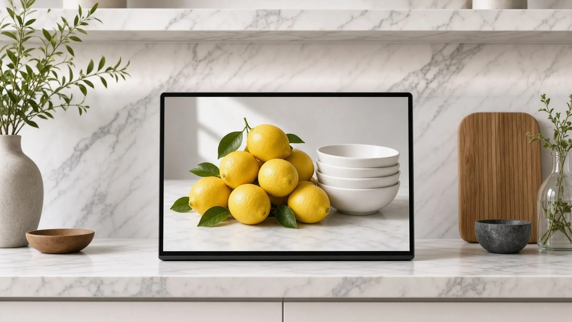 Digital frame showing a lemon still life on a marble shelf