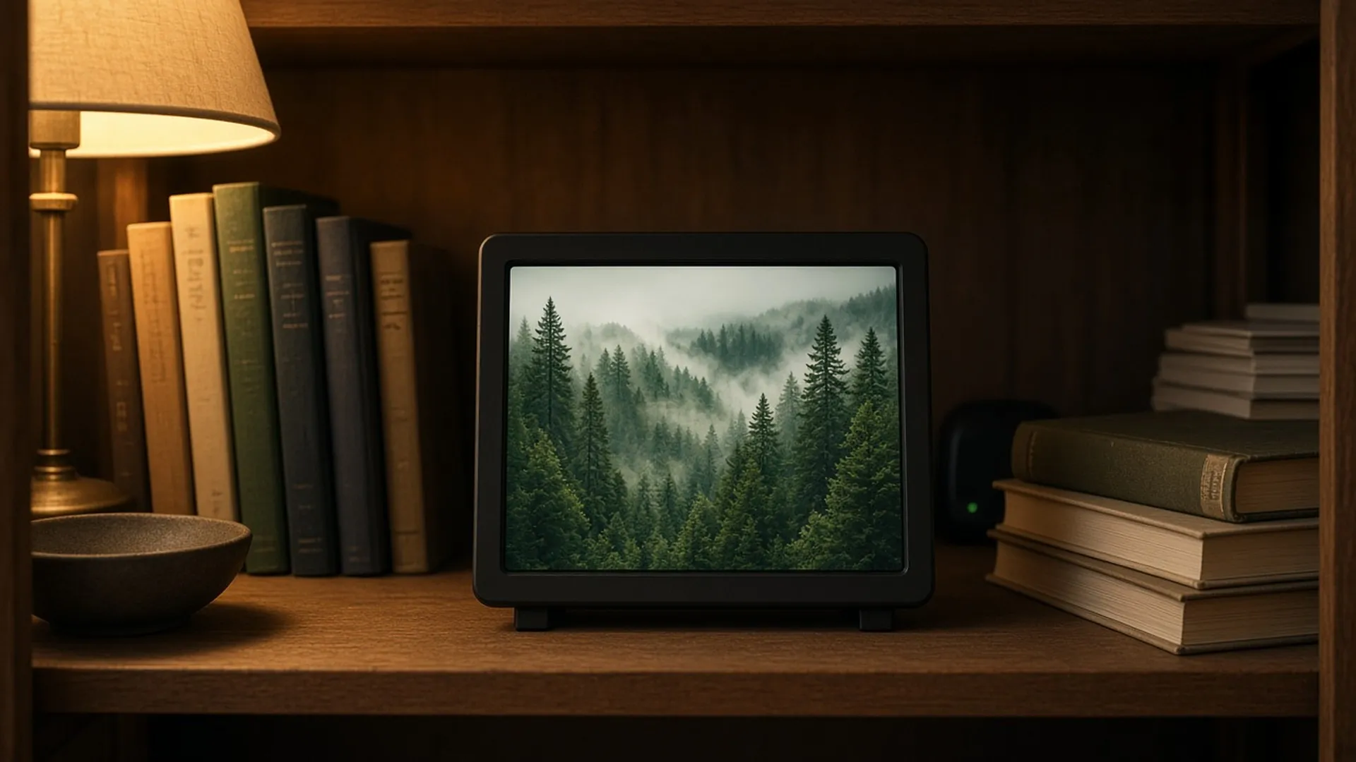 Digital frame on a bookshelf showing a forest photo