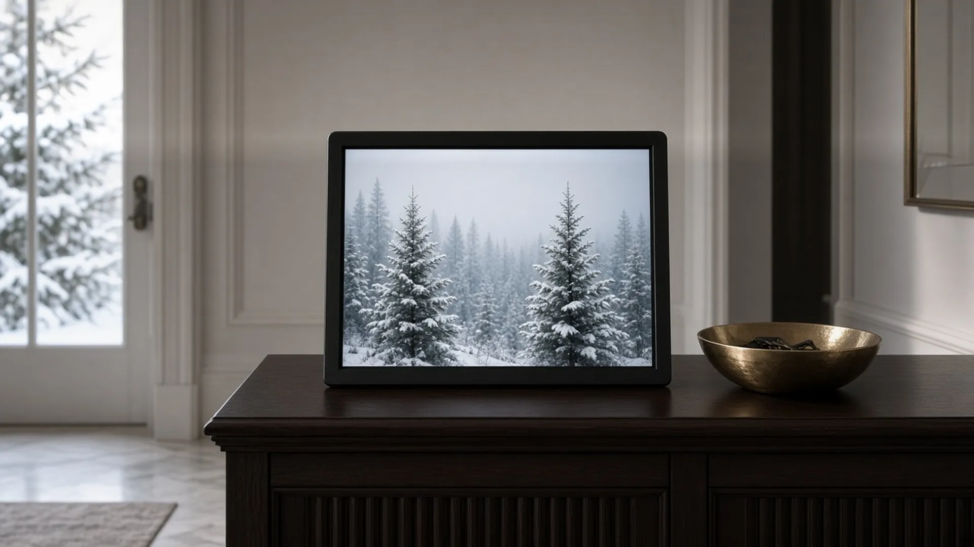 Digital frame beside a brass key bowl in an entryway